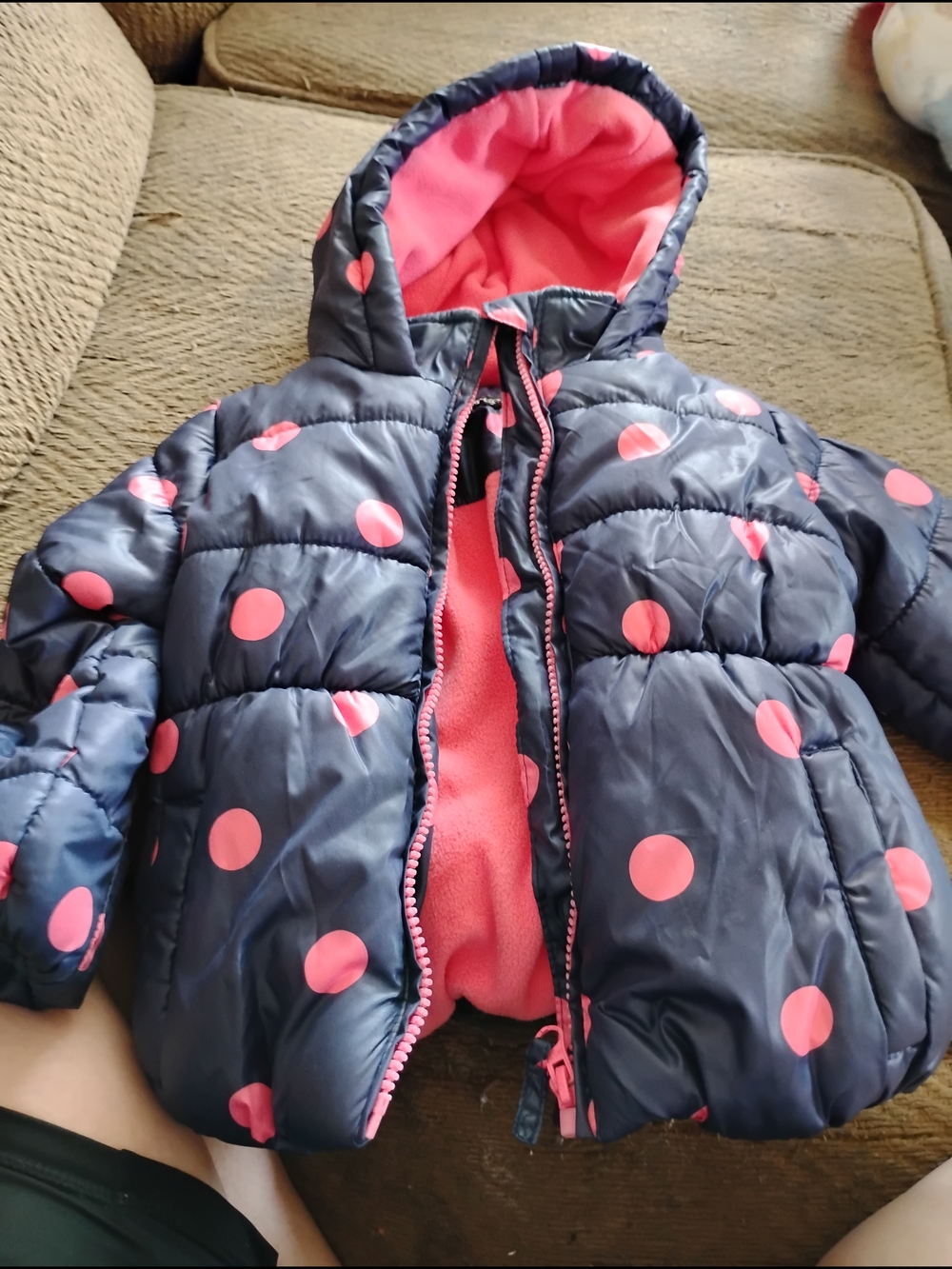 George Infant Girls' Navy Blue Puffer Jacket with Pink Polka Dots & Hood